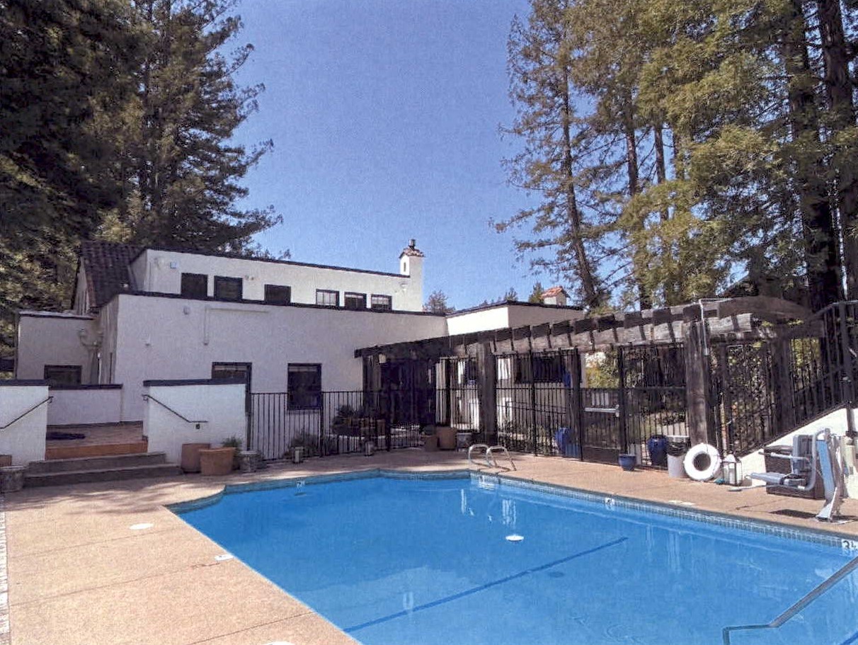Closer view of restored east facade and pool area
